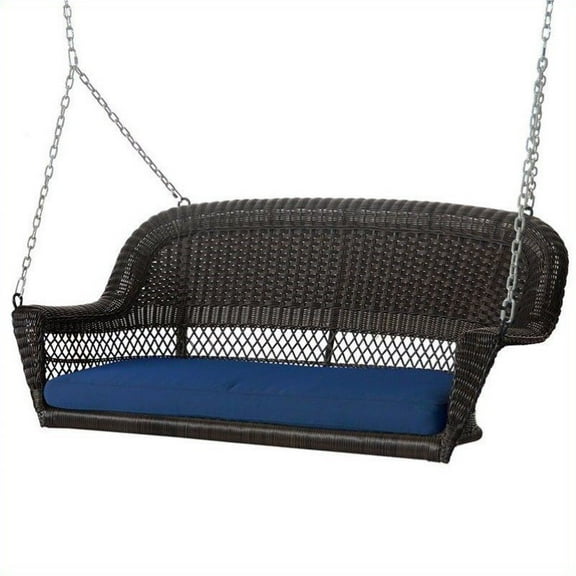 Jeco Wicker Porch Swing in Espresso with Blue Cushion