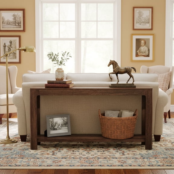 Finmind 63" Couch Table, 2-Tier Narrow Farmhouse Sofa Table for Entryway, Dark Brown