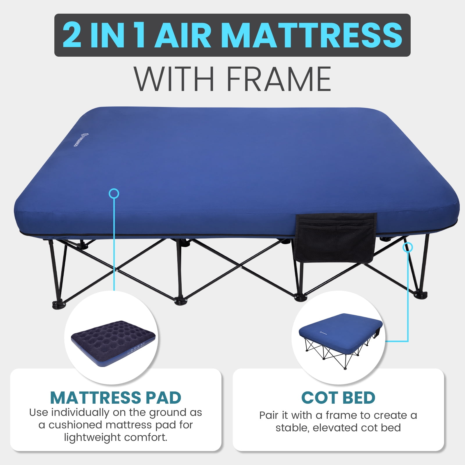 FUNDANGO 2 Person Oversized Folding Camping Cot with Air Matress, Double Outdoor Foldable Bed Cot Support 660lbs, Brushed Microfiber Queen Camping Bed for Adults with Side Table, Navy Blue