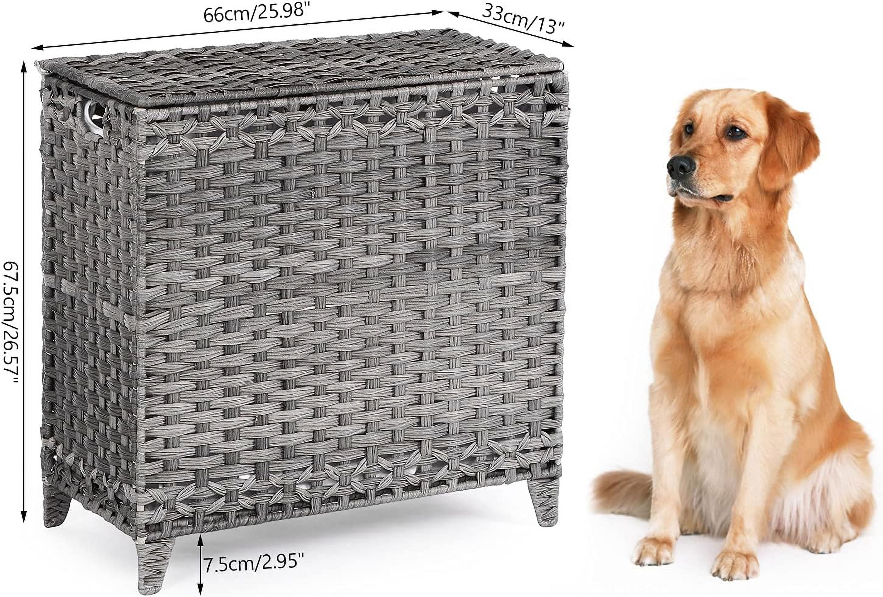 Laundry Hamper with 3 Removable Liner Bags; 132L Handwoven Rattan Laundry Basket with Lid & Heightened Feet; Clothes Hamper with Side Handles; Laundry Sorter with 3 Separate Sections