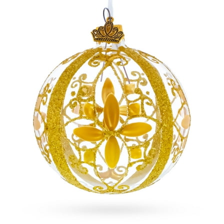 Gold Filigree Floral Design Glass Ball Christmas Ornament 3.25 Inches