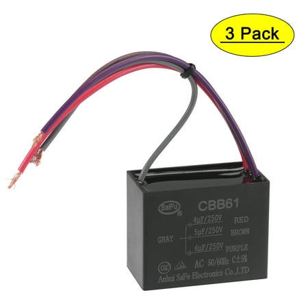

Uxcell 4/5/6uF 250V AC 4 Wires CBB61 Ceiling Fan Capacitors 3 Pack