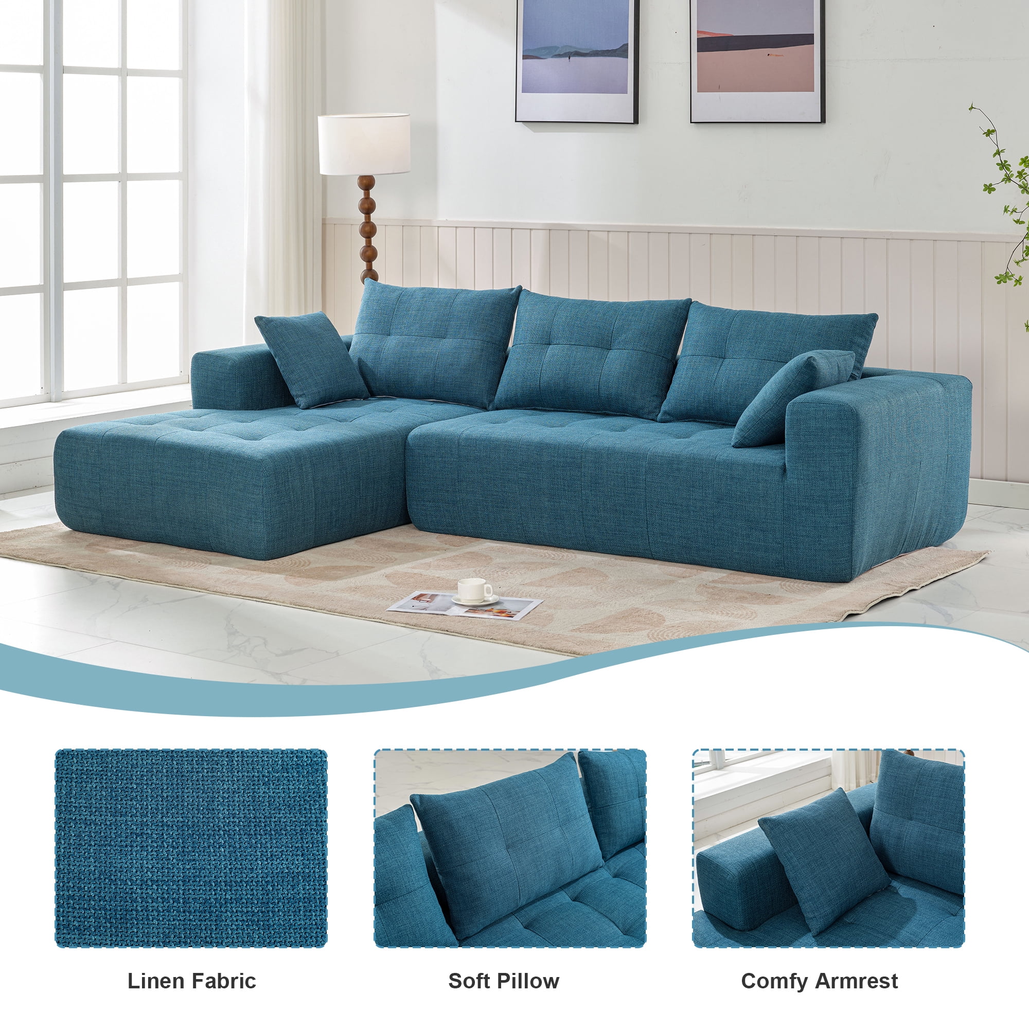 DEALTOPS Upholstered Sectional Sofa, Modern Convertible Modular Sofa Set, 110" L Shaped Sofa Couch, 2 Pieces Living Room Furniture Set, Blue
