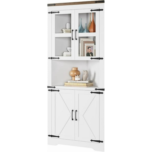 Historyli Farmhouse Corner Cabinet, Tall Corner Storage Cabinet with Glass Door & Adjustable Shelves, Bathroom Cabinet with Storage for Living Room, Kitchen,White