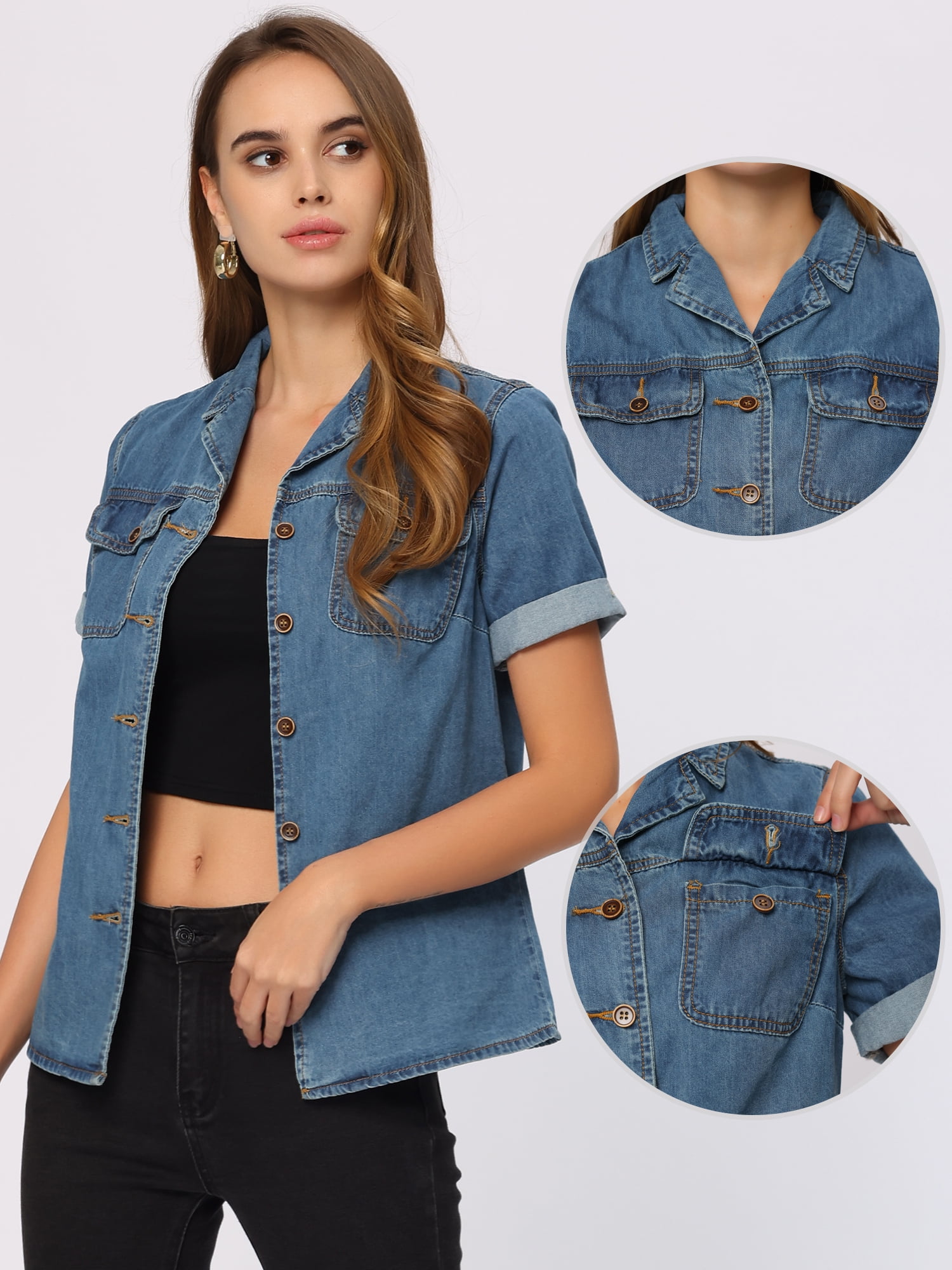 DARING DIVA Women's Denim Collared Short Sleeve Chest Pocket Button Up Shirt L Blue