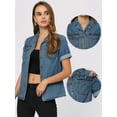 thumbnail image 2 of Camisa de mezclilla para mujer con cuello de manga corta y bolsillo en el pecho con botones Azul L, 2 of 5