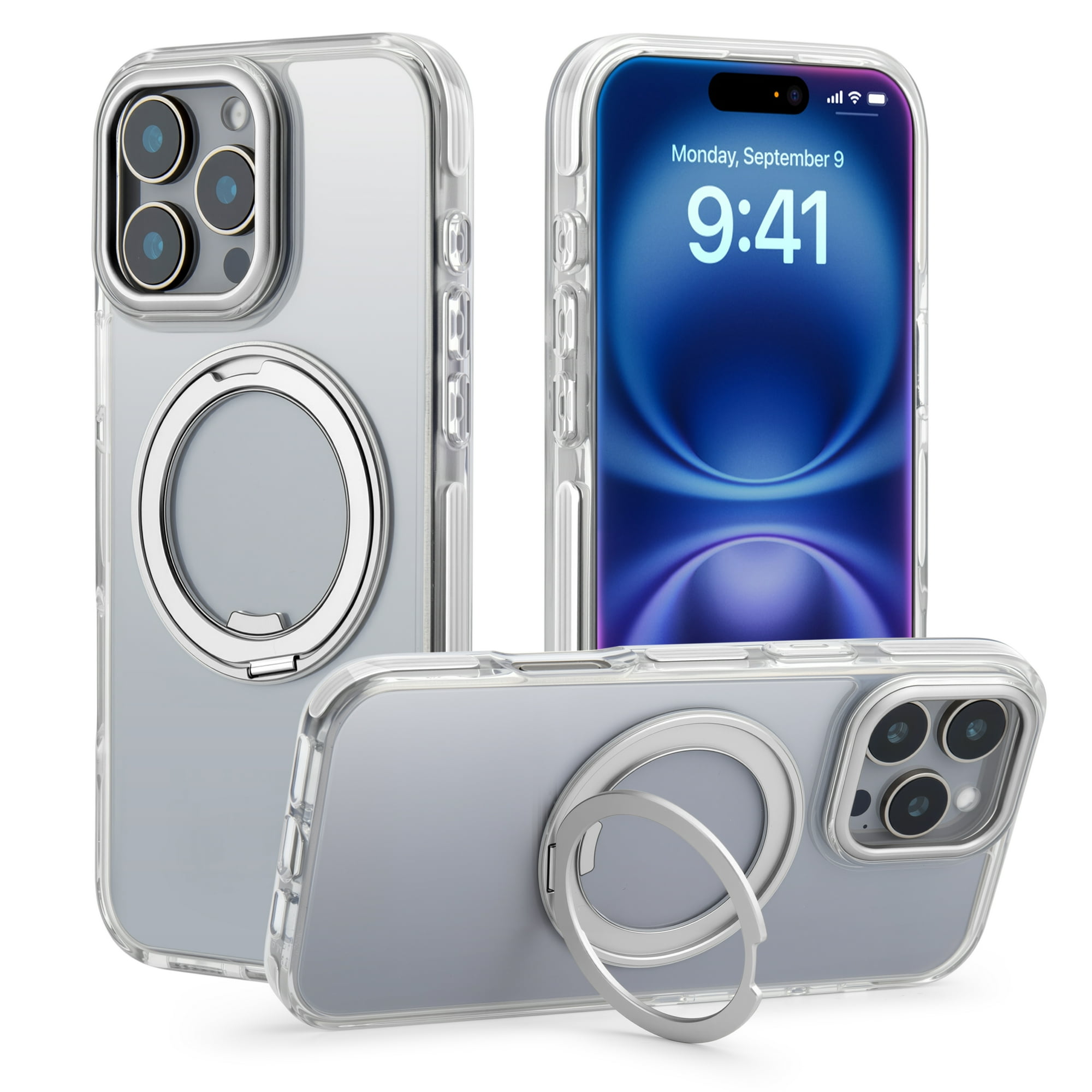 ROFAY Compatible with iPhone 16 Pro Case [3X Military-Grade Drop Protection], Magnetic Kickstand & Ring Stand, Shockproof, Anti-Fingerprint, MagSafe Compatible - Silver