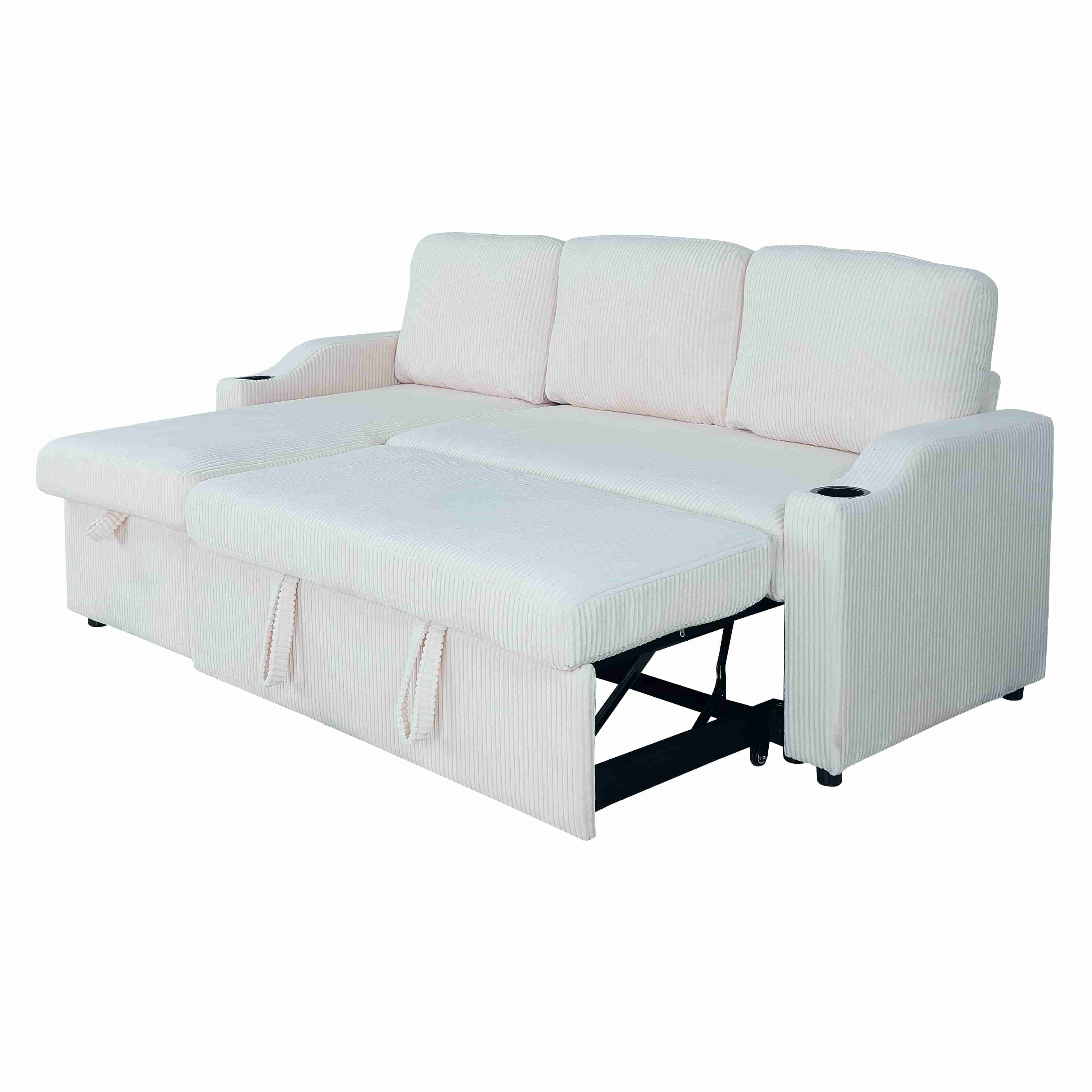 BSHTI Modern L-Shaped Sectional Sofa Bed, Solid Wood Frame, Corduroy Fabric Cover, 2 In 1 Pull-Out Sleeper Bed Sofa, Hidden Storage Space, Beige