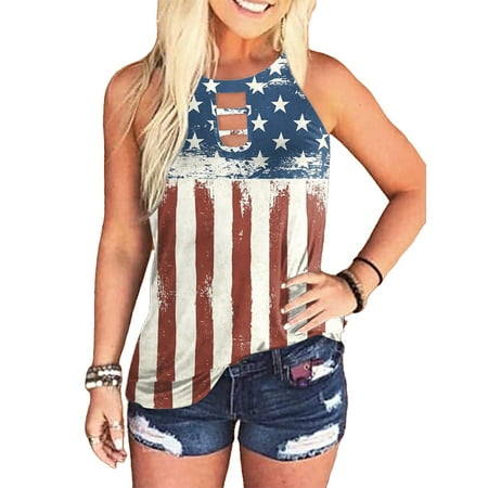 

DYMADE Women Independence Day Tops Printed Classic Sleeveless Halter Cami Tank