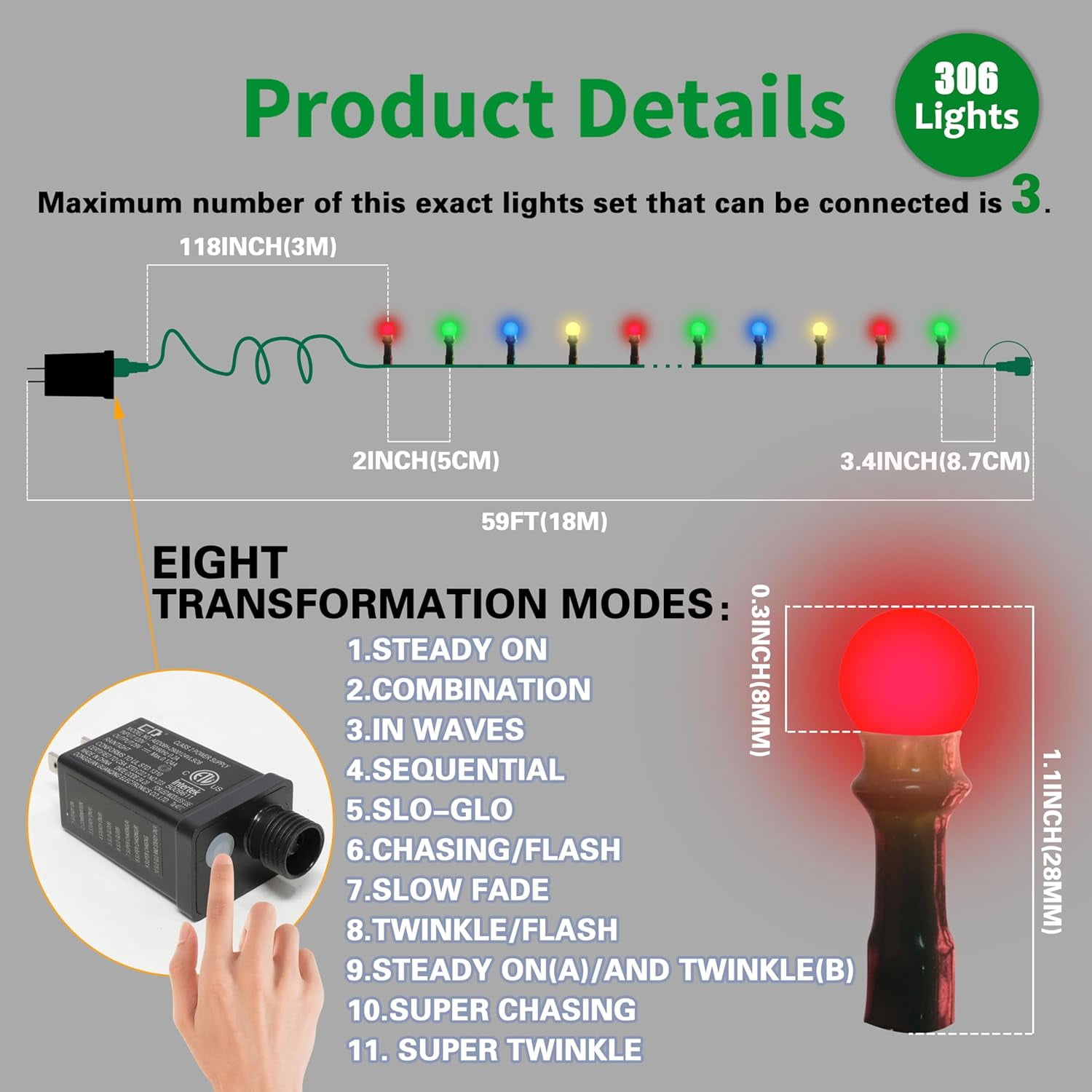 String Lights Multicolor, 49ft 306 LED 9mm Frosted Globe String Lights, 11 Modes Christmas Globe Lights, Xmas Tree Ball Lights Outdoor Mini Globe Light for Christmas Tree Home Party Patio