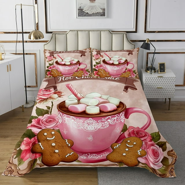 Erosebridal Ensemble de Couvre-Lits Chocolat Chaud Taille Simple, Courtepointe Pain d'Épice de Noël, Pois Colorés