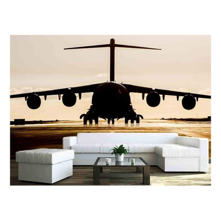 wall26 - Large military cargo plane silhouette on an empty airstrip - Removable Wall Mural | Self-adhesive Large Wallpaper - 66x96 (Best Small Cargo Plane)