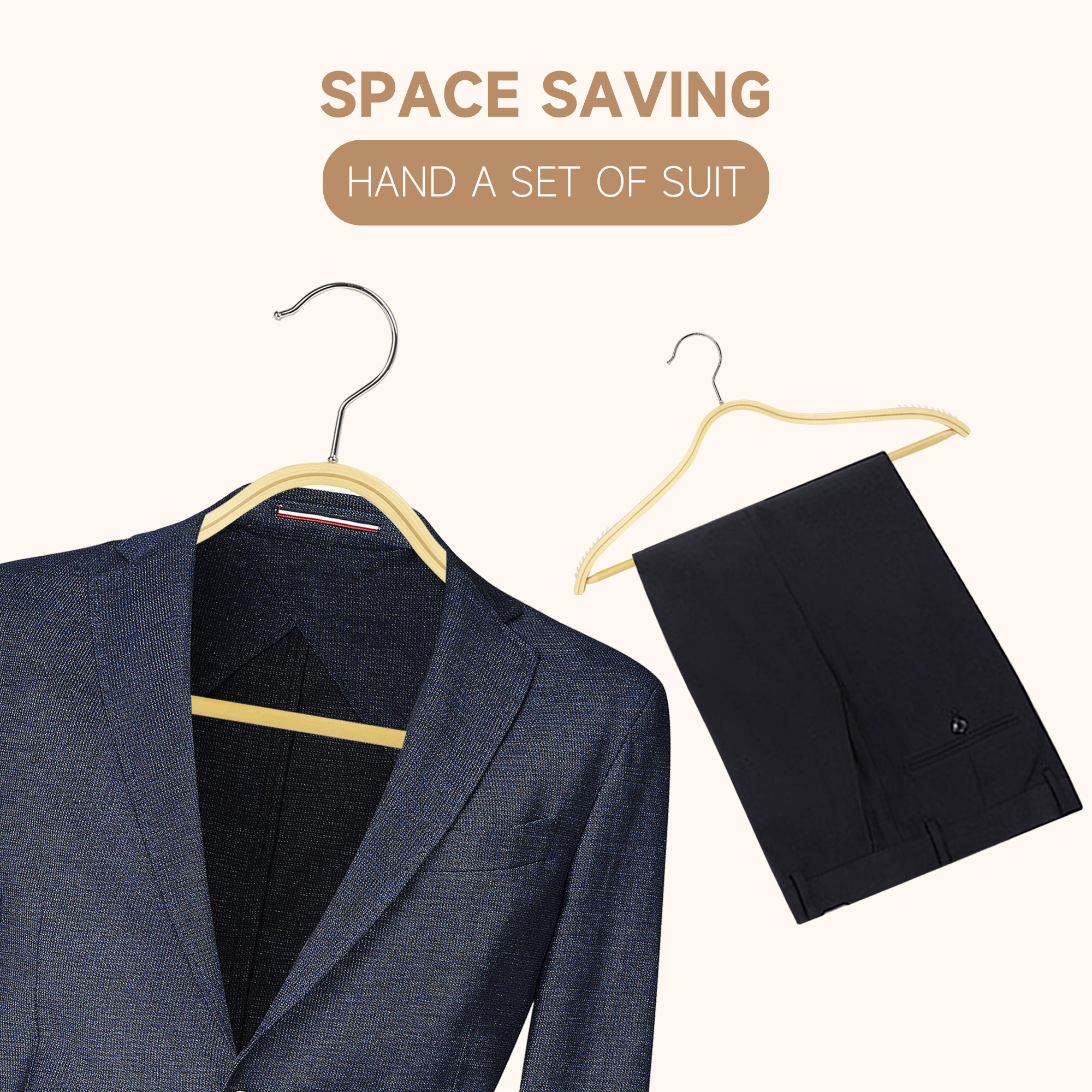 BP4U 24-Pack Wooden Hangers with Pants Bar, Slim Birch Lightweight Birch Wood Hangers with Non-Slip Rubber Strips, Space Saving Profile for Trousers, Sweaters, and Dresses(Natural Wood)