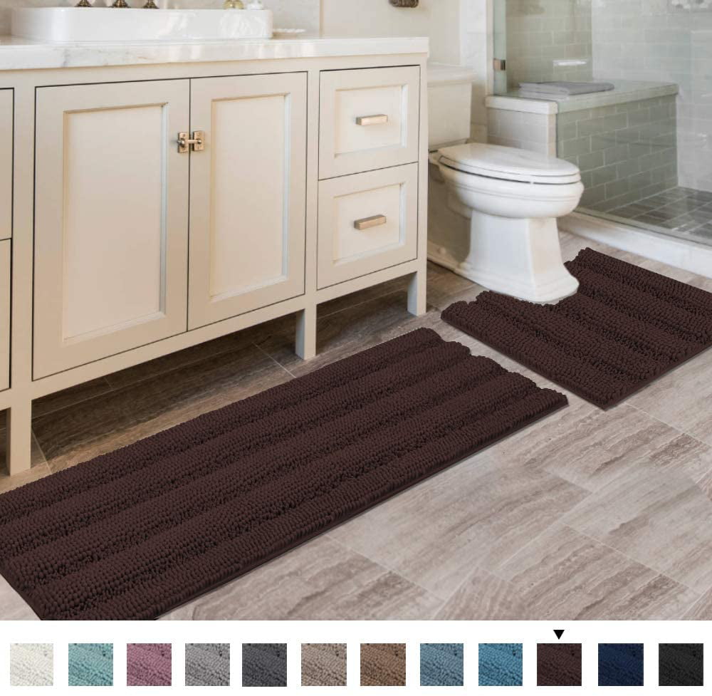 Turquoize Bath Rugs for Bathroom Sets 2 Striped Chenille Bath Mat Plus Toilet Rugs U Shaped Contour Extra Thick Non Slip and Absorbent Rugs 2 Pieces Black Standard: 20 x 32 and 20 x 20 U