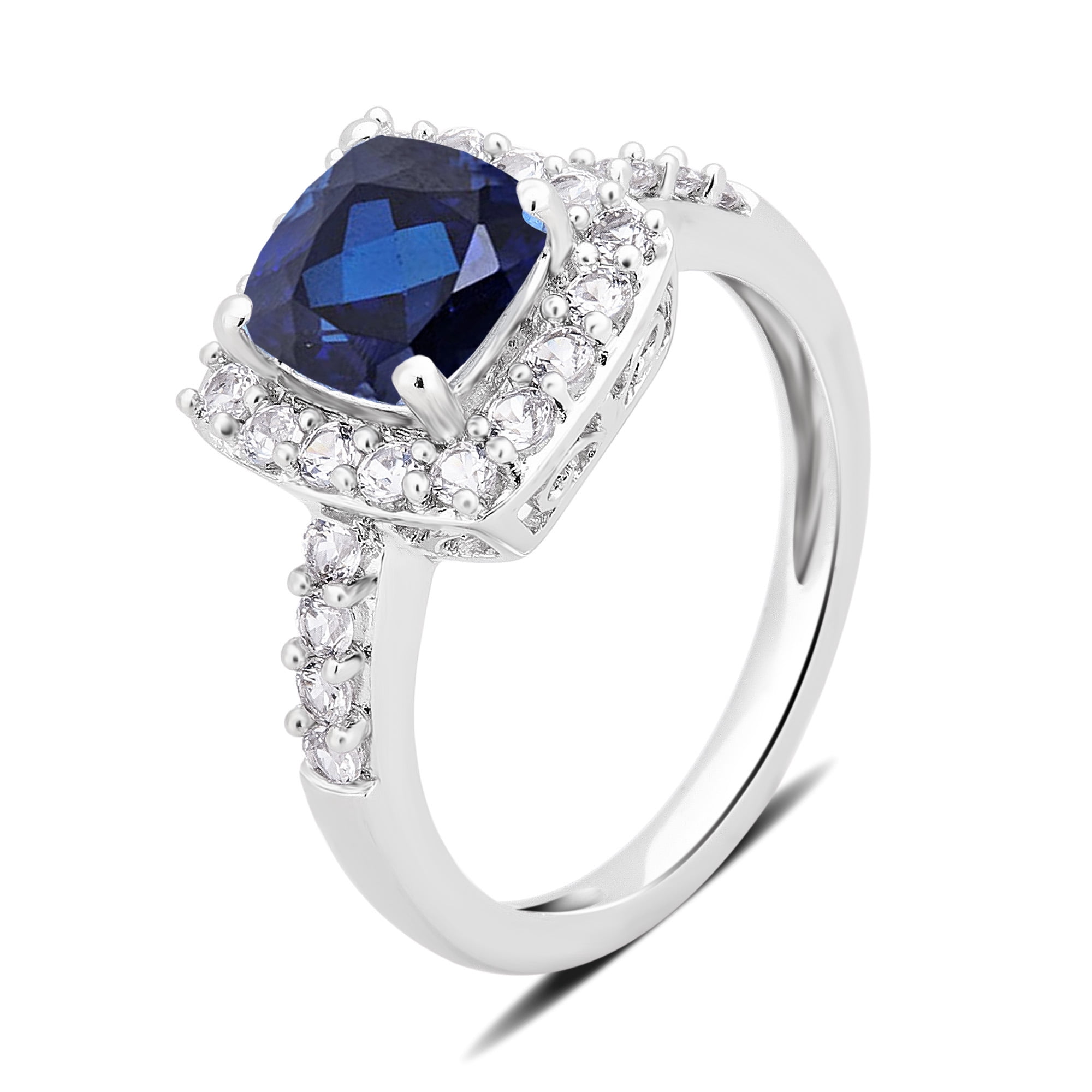 Arista Created Blue and White Sapphire Halo Engagement Ring in Sterling Silver
