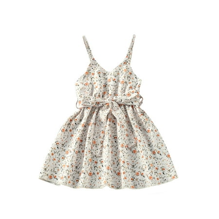 

Calsunbaby Toddlers Kid Girls Summer Streetwear Casual Dress Floral Print V-Neck Sleeveless Strappy One-Piece Skirt with Waist Belt
