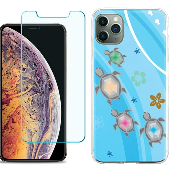For Apple iPhone 11 Pro Max Phone Case , Slim-Fit TPU Case with Tempered Glass Screen Protector, by OneToughShield ® - Happy Turtle