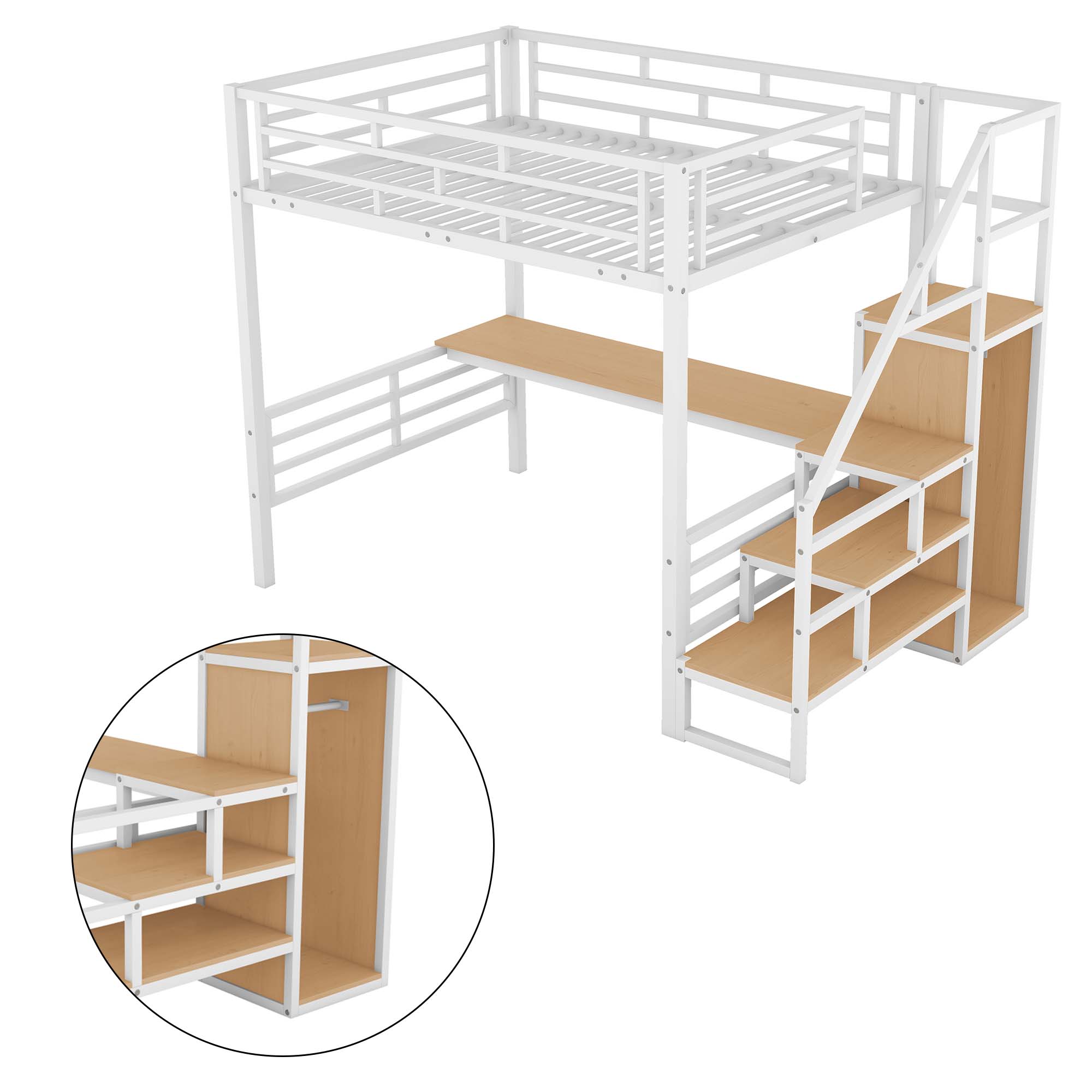 Aukfa Full Size Metal Loft Bed with Desk and Wardrobe, Staircase Loft Bed for Kids Teens - White