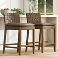 thumbnail image 2 of Guyou 26" Rattan Bar Stools Set of 2, Farmhouse Woven Wooden Counter Height Stools with Footrest, Leather Upholstered Bar Chairs for Kitchen Island, Pub & Bar, Brown, 2 of 7