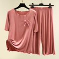 thumbnail image 2 of JUNWELL Tenues Roses pour Femmes Ensemble 2 Pcs Femmes Été Décontracté Costume Deux Pièces Pyjamas Côtes Sans Marques Manches Courtes Volantées Col Rond Haut/chemise Ensemble Vêtements de Maison Surdimensionnés, 2 of 3