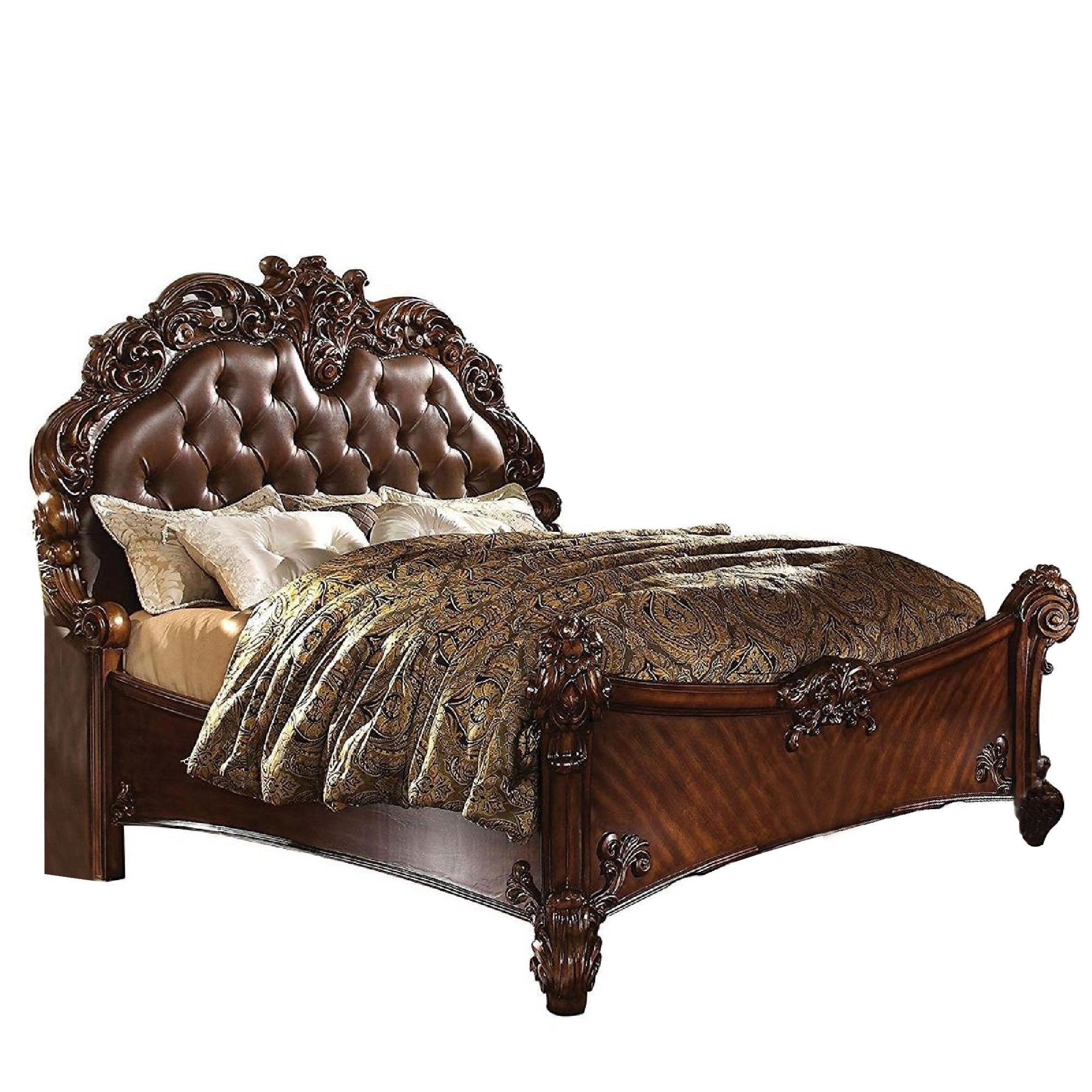 Queen Size Wooden Bed with Button Tufted Padded Headboard and Carving