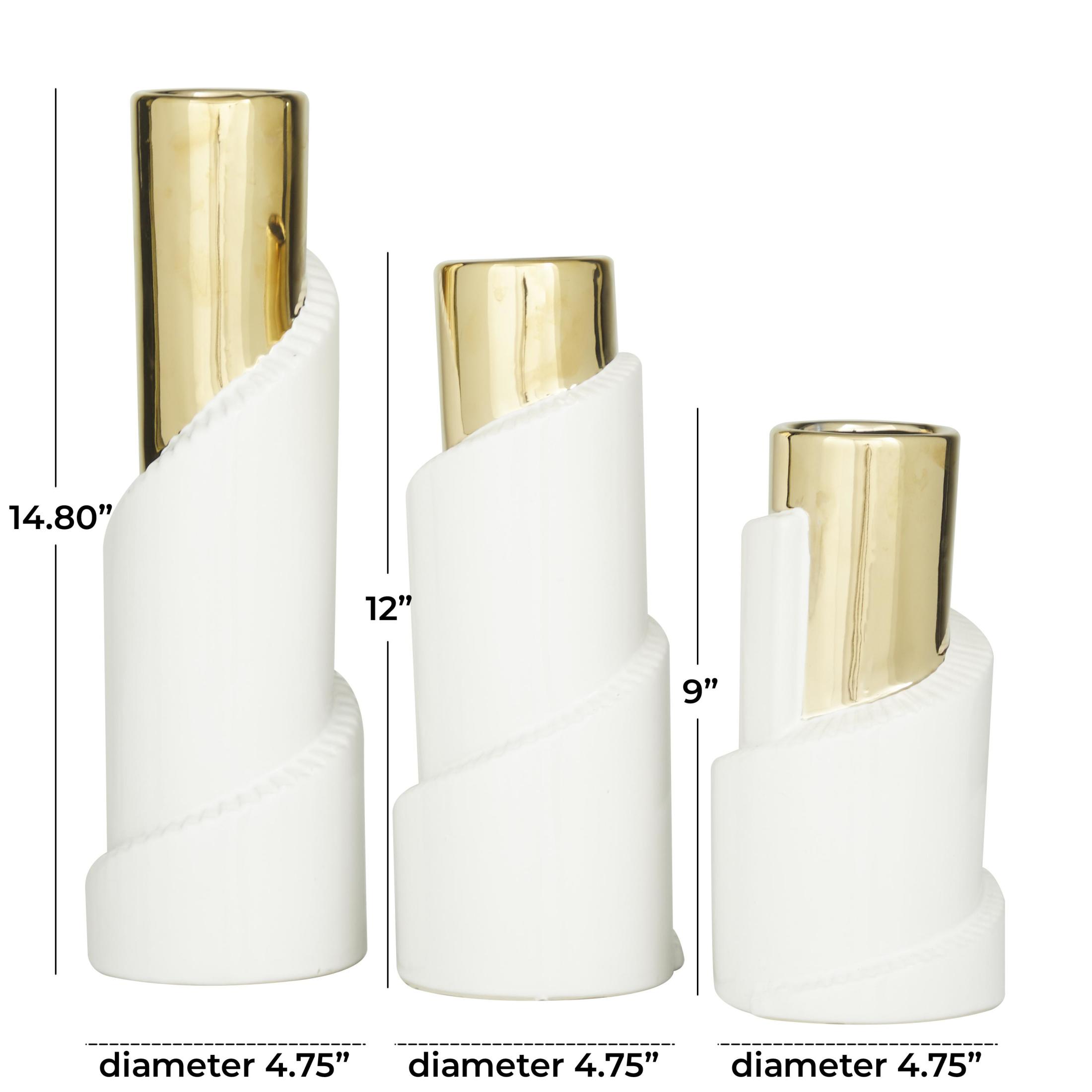 DecMode 15", 12", 9"H Spiral Gold Ceramic Vase with Gold Accents, Set of 3