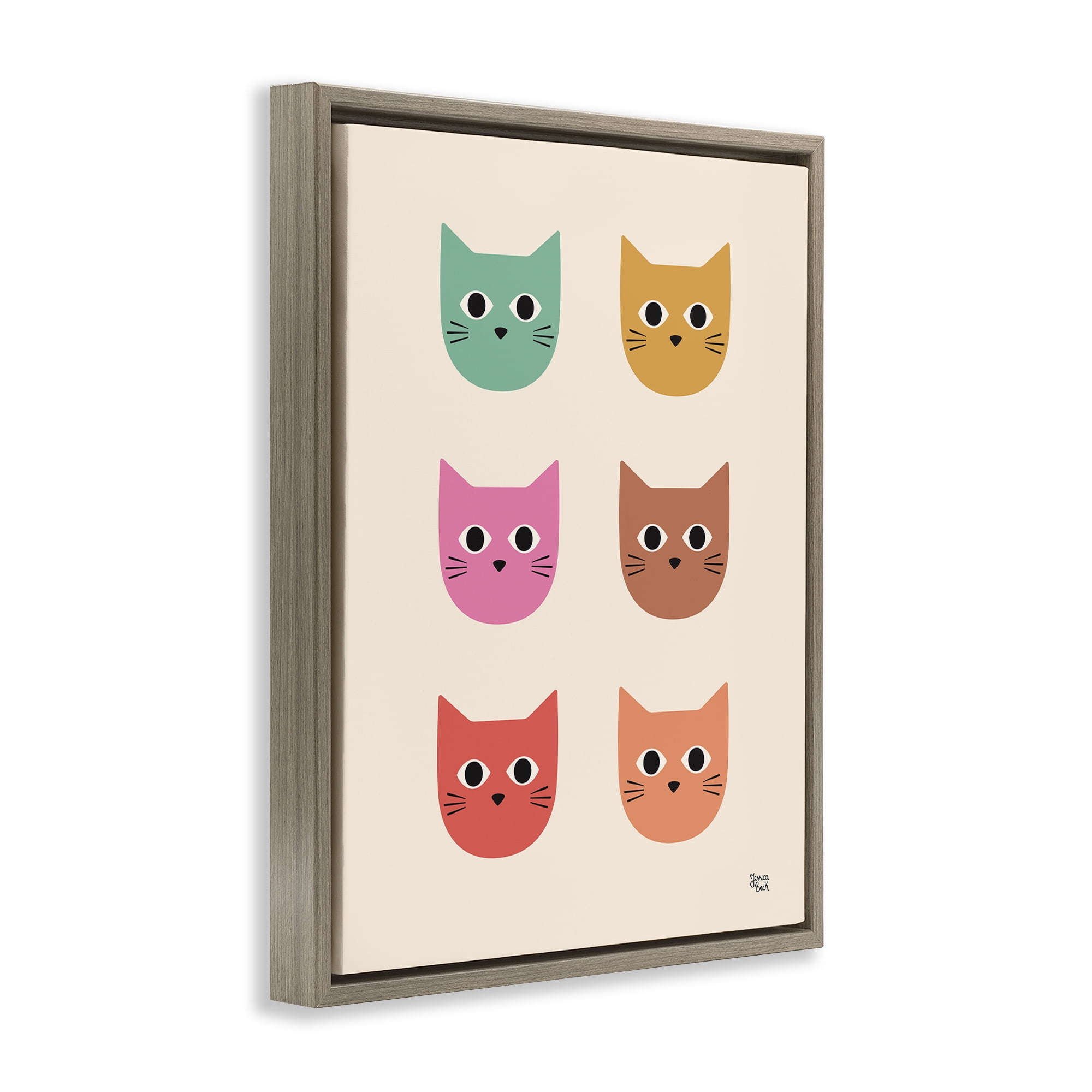 Stupell Industries Colorful Cat Faces Animals Painting Brown Floater Framed Canvas Art Print Wall Art, 25 x 31