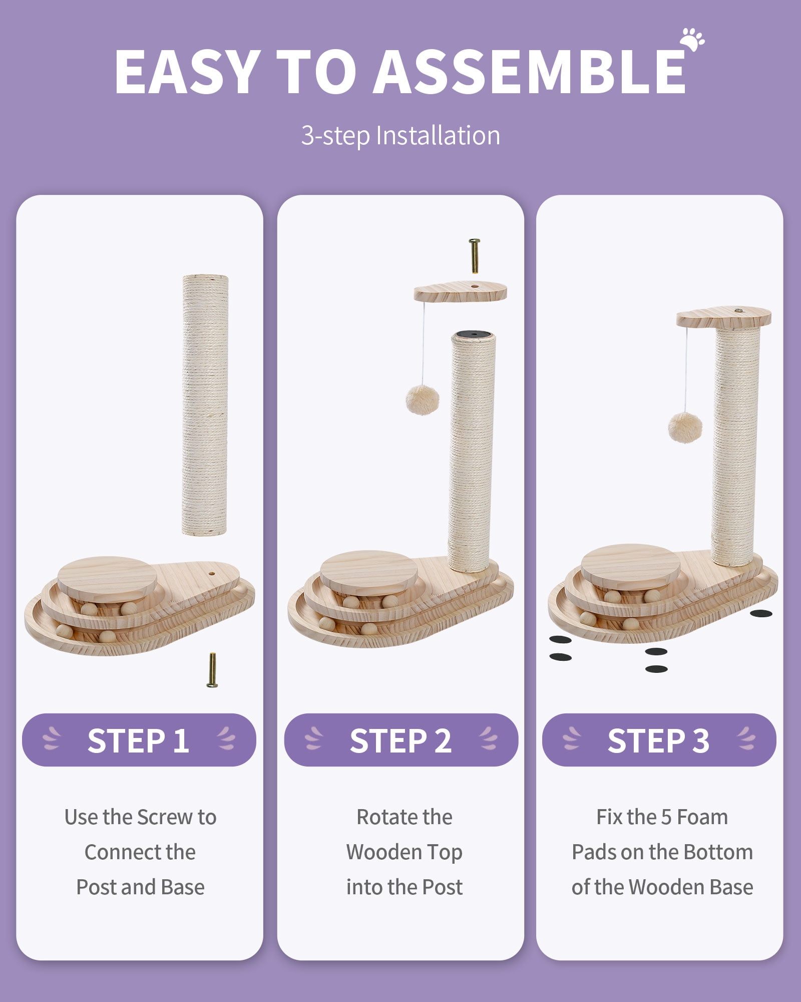 Made4Pets Beige Wooden Cat Scratching Post with Play Ball Interactive Toy，5"L x 9.8"W x 17.7"H