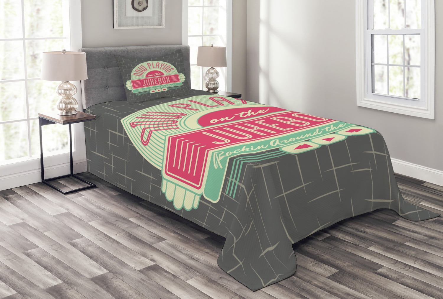 Jukebox Bedspread Set Twin Size, Charcoal Grey Backdrop with 50s