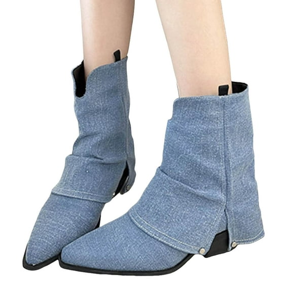 Slouchy Fold Over Denim Fall Boots for Women Wide Calf Chunky Heel Pointed Toe Pull on Ankle Booties
