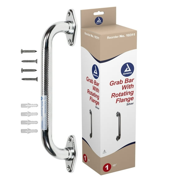 Dynarex Rotating Flange Knurled Grab Bar-12 Inch, Stainless Steel with Textured, Non-Slip Center of The Safety Rail, Weight Capacity of 300 Pounds, Silver, 1 Grab Bar-12 inch