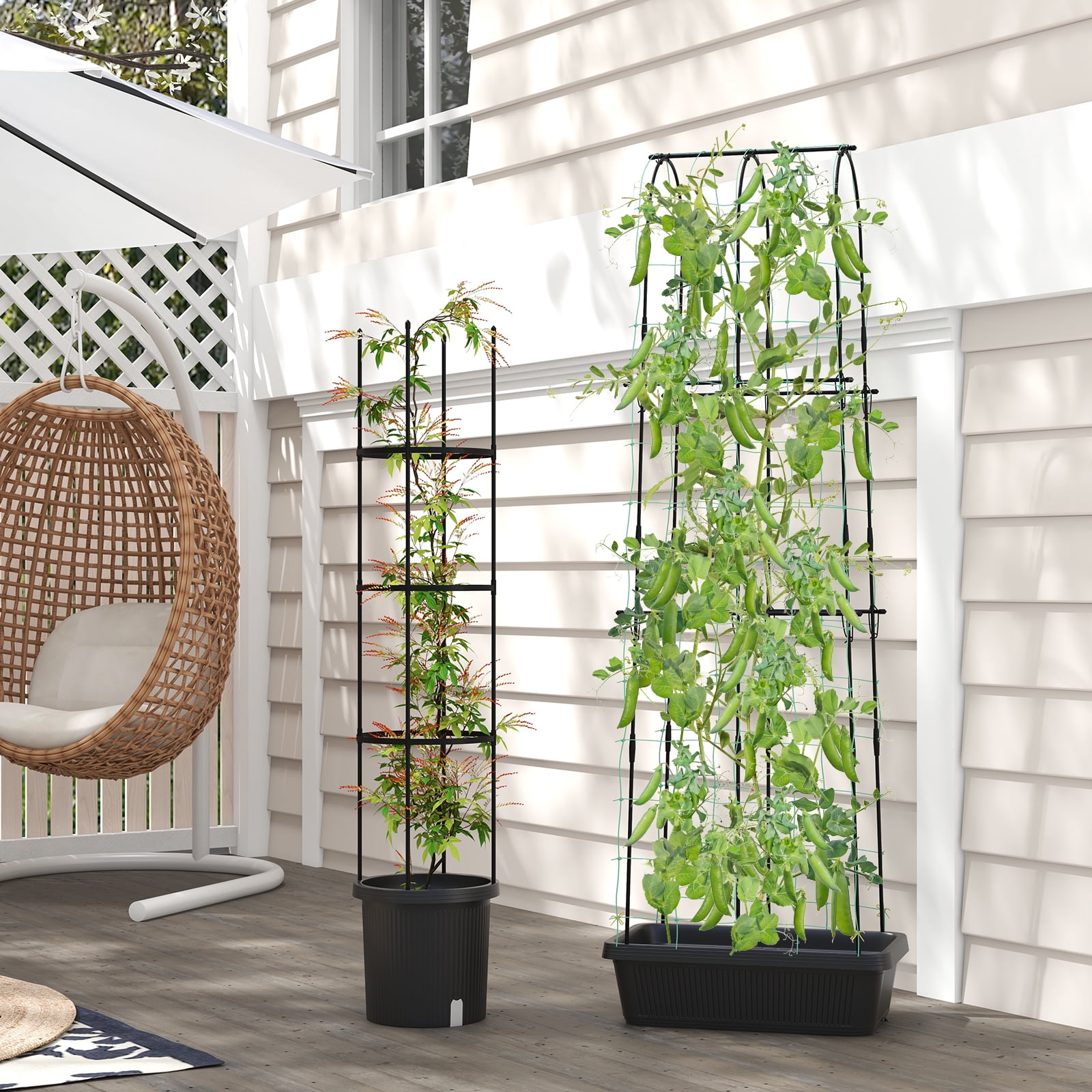 Patiojoy 2-Pack Garden Trellis, 58.5�� Tomato Cage & 71�� Cucumber Trellis w/ Planter Box Self-Priming Irrigation