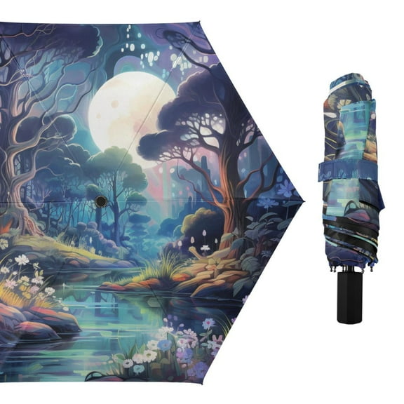 River Through Forest Compact Sun Umbrella Windproof Travel Umbrellas for Rain Strong Portable UV Protection