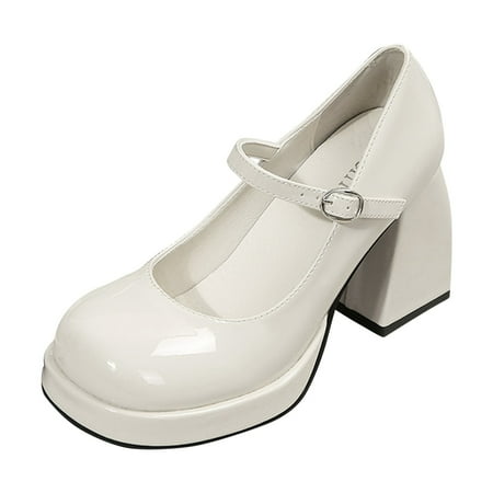 ZPYESWOW Running Shoes Women s Shoes Fashion Casual Leather Shoes High Heels Thick Heels Buckle Single Shoes Casual Shoes White 8.5