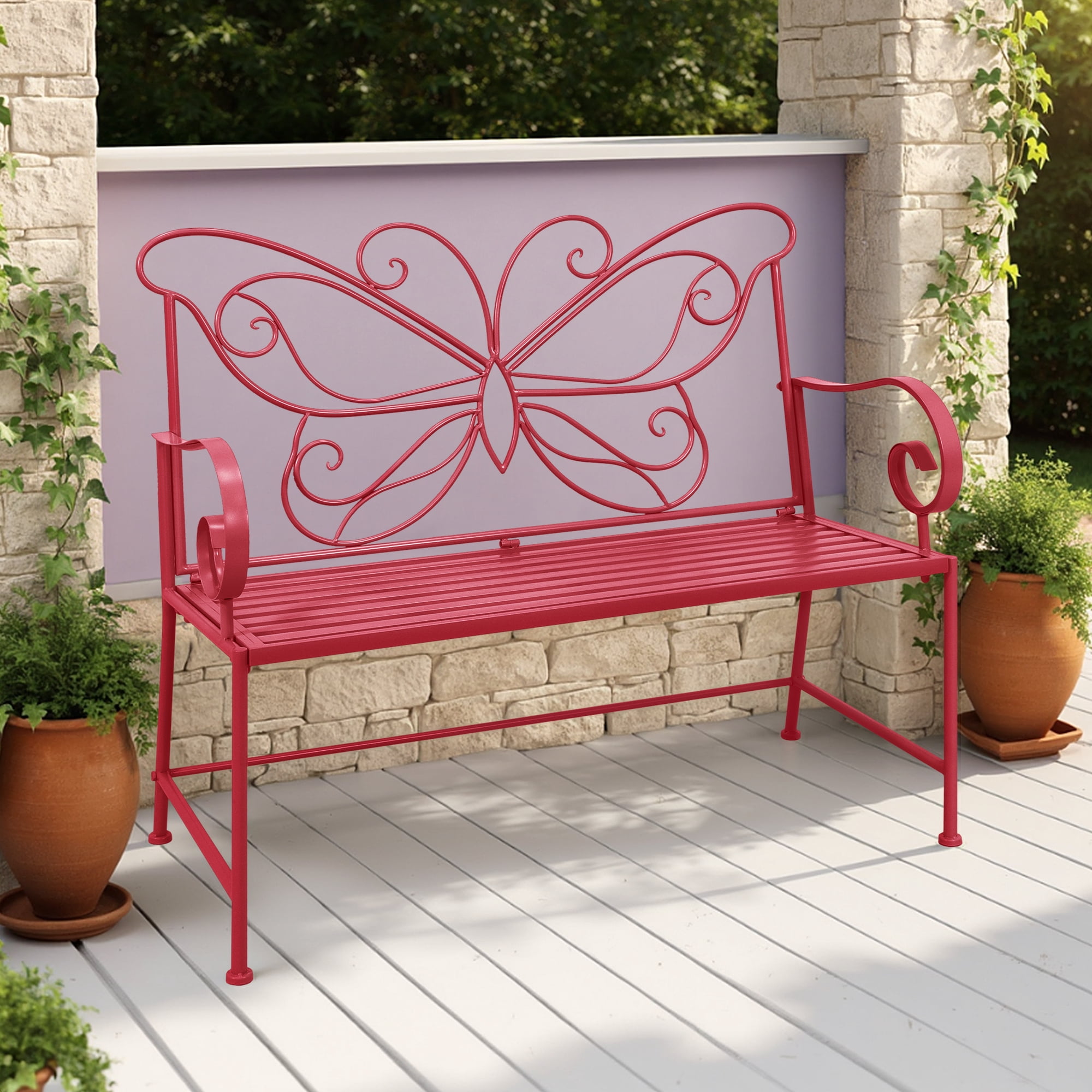 Abble 42" Outdoor Bench Metal Butterfly Design Patio Garden Bench for Porch Yard Lawn Patio Bench,  Red
