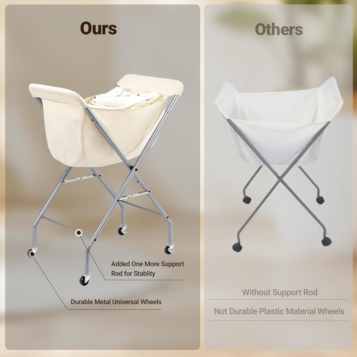 Laundry Cart with Wheels, 33”H Easy Rolling Laundry Hamper with Removable Liner Bag, Sturdy Metal Frame Clothes Basket with 4 Casters and 2 Brakes