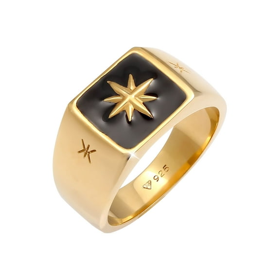 KUZZOI Men's Enamel Inlay Plate Signet Ring with Star Silver 18K Gold Plated