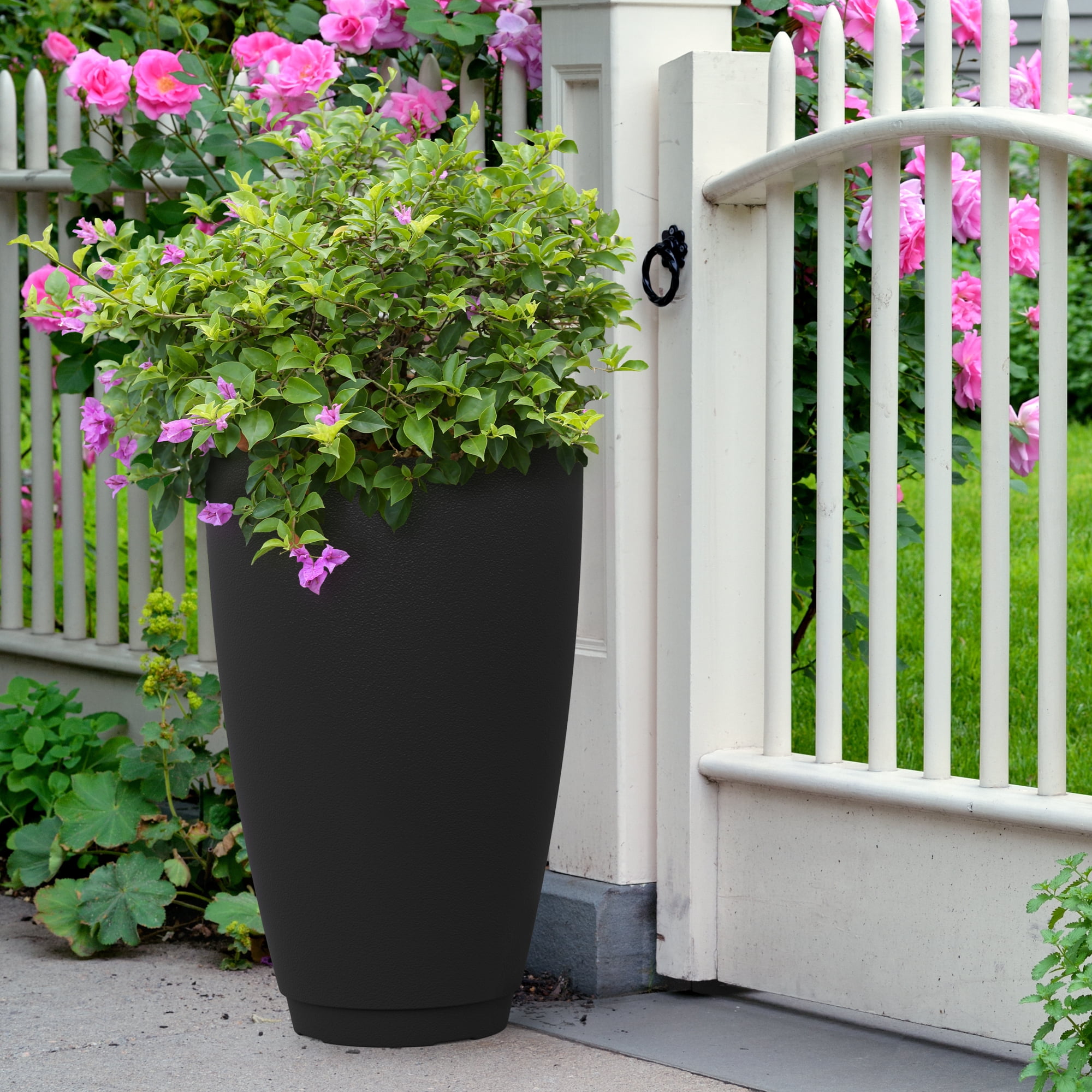 Mayne Caprio 16" x 16" x 26" Round Black Tall Self-Watering Polyethylene Planter