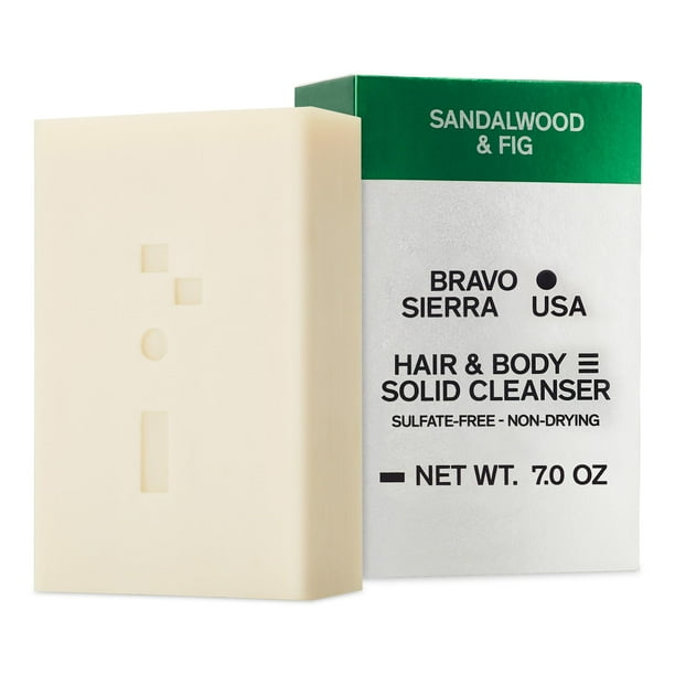 Bravo Sierra Body and Hair Barra de jabón para hombre, champú y jabón todo en uno para el rostro, cabello y cuerpo de los hombres, sándalo e higo, 7 oz, manteca de karité de coco y harina de avena par
