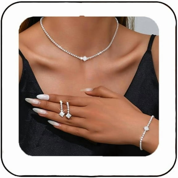 Silver Bridal Wedding Jewelry Set Sparkly Rhinestone Necklace Earrings Bracelet Sets Formal Costume Jewelry for Women and Brides