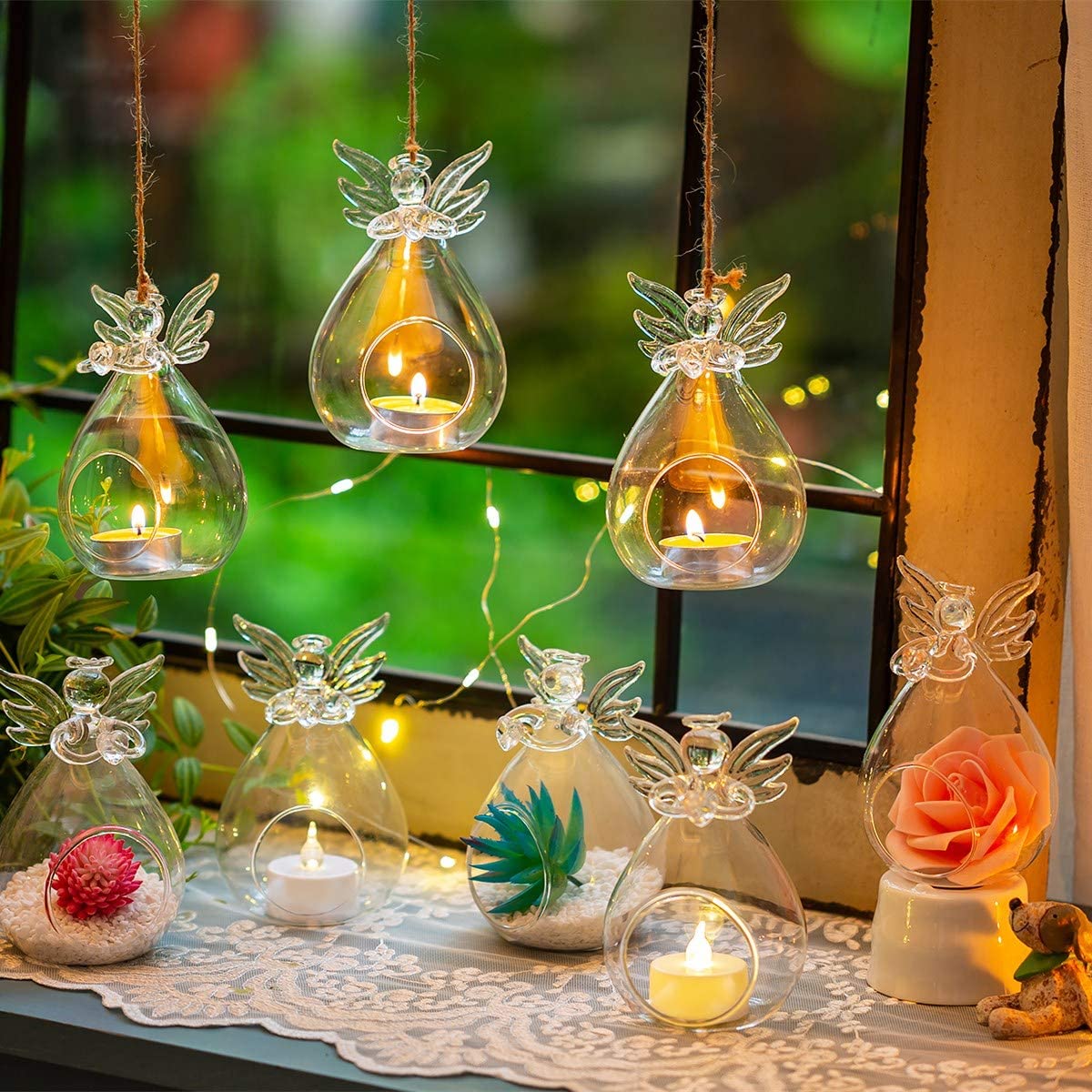 LANGM Hanging Clear Glass Angel Candle Holders 4 Pcs for LED Tea Light