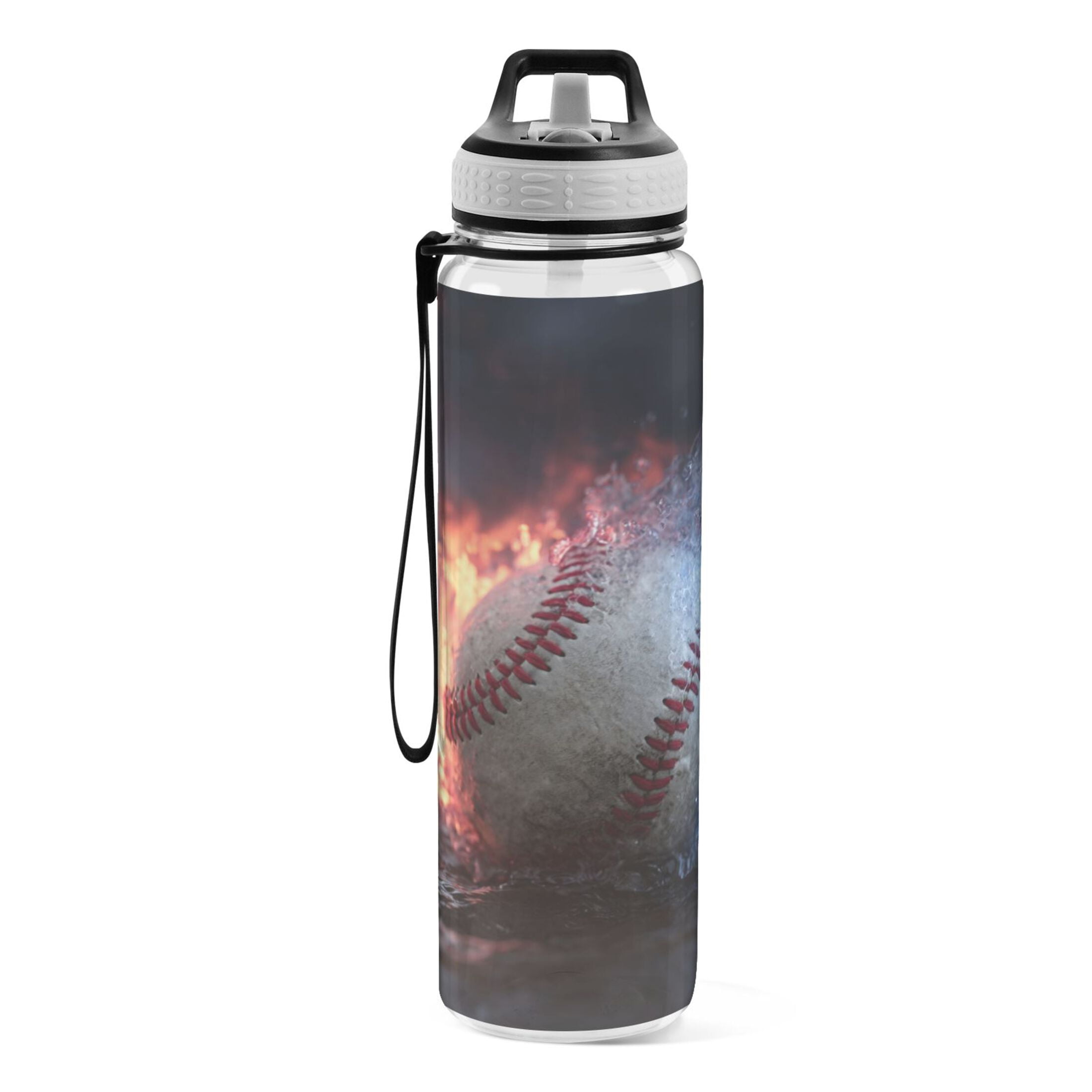 32oz Transparent Sports Water Bottle with Straw for Kids Adults Outdoor School Gym Fitness Baseball with Water and Fire