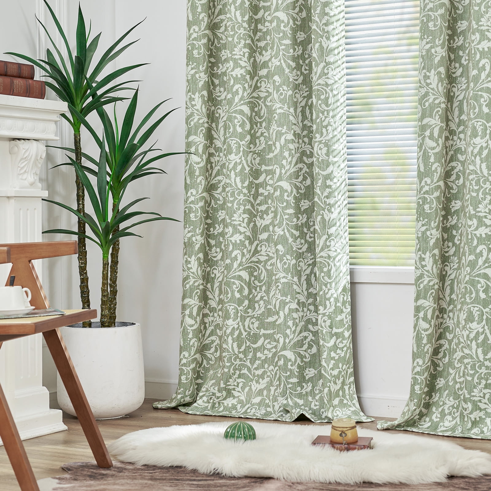 Curtainking 100% Blackout Curtains for Bedroom Green Scroll Floral Window Curtains Grommet Thermal Insulated Drapes for Living Room Farmhouse Vintage Window Treatments Set 84 Inch Length 2 Panels