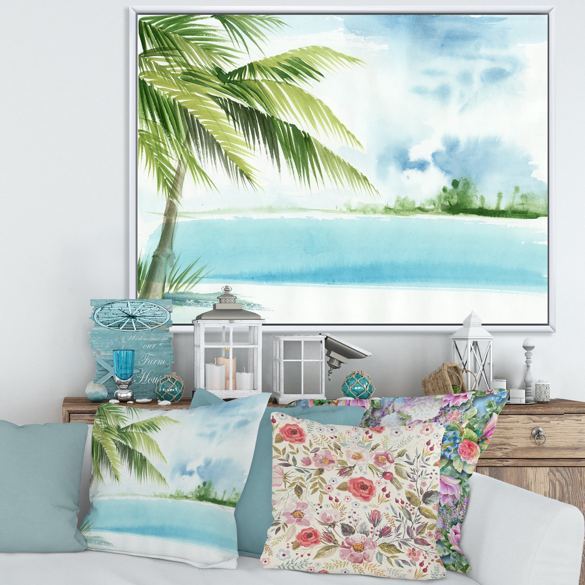 Designart 'Palm Beach Resort At Sunrise I' Nautical & Coastal Framed Canvas Wall Art Print