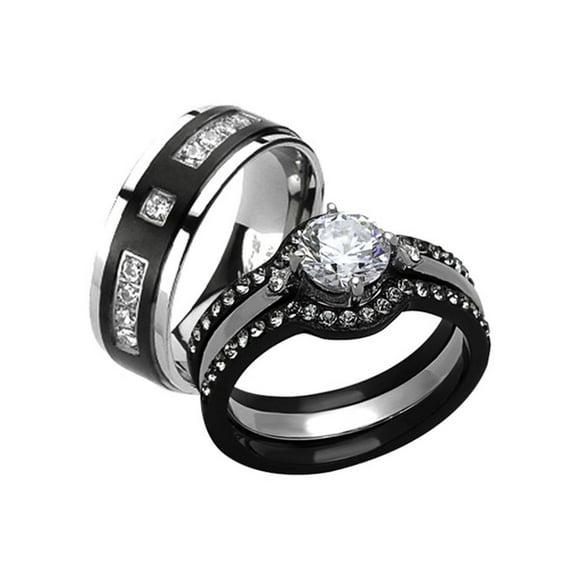 His and Her 4pc Black and Silver Stainless Steel and Titanium Wedding Ring Band Set Size Women's 10 Men's 05