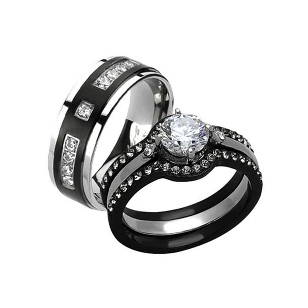 Marimor Jewelry His and Her 4pc Black and Silver Stainless Steel and