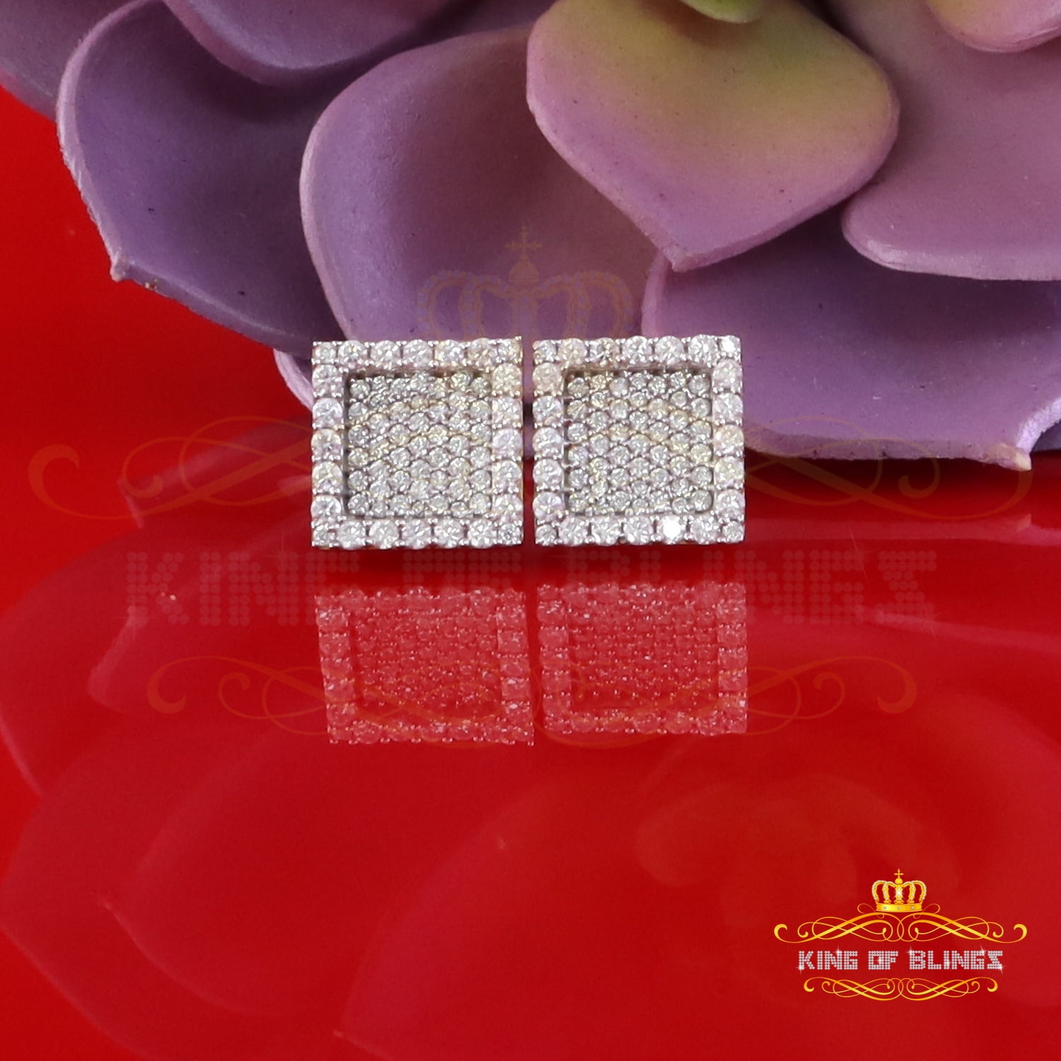King of Bling's 925 Yellow Silver 1.00ct VVS 'D' Moissanite Square Stud Earring Men's/Womens