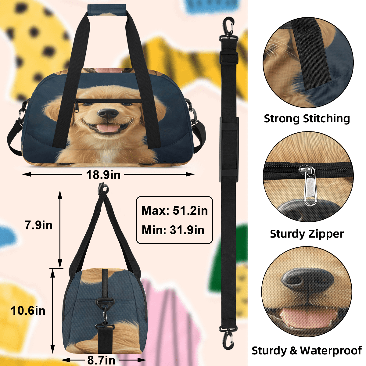 Herdesigns Labrador Dog Sports Duffle Bags Travel Duffle Bag Gym Bag Dogs Pet Weekender Travel Bag Waterproof Overnight Bag Carry On Travel Tote Bag Dance Bags