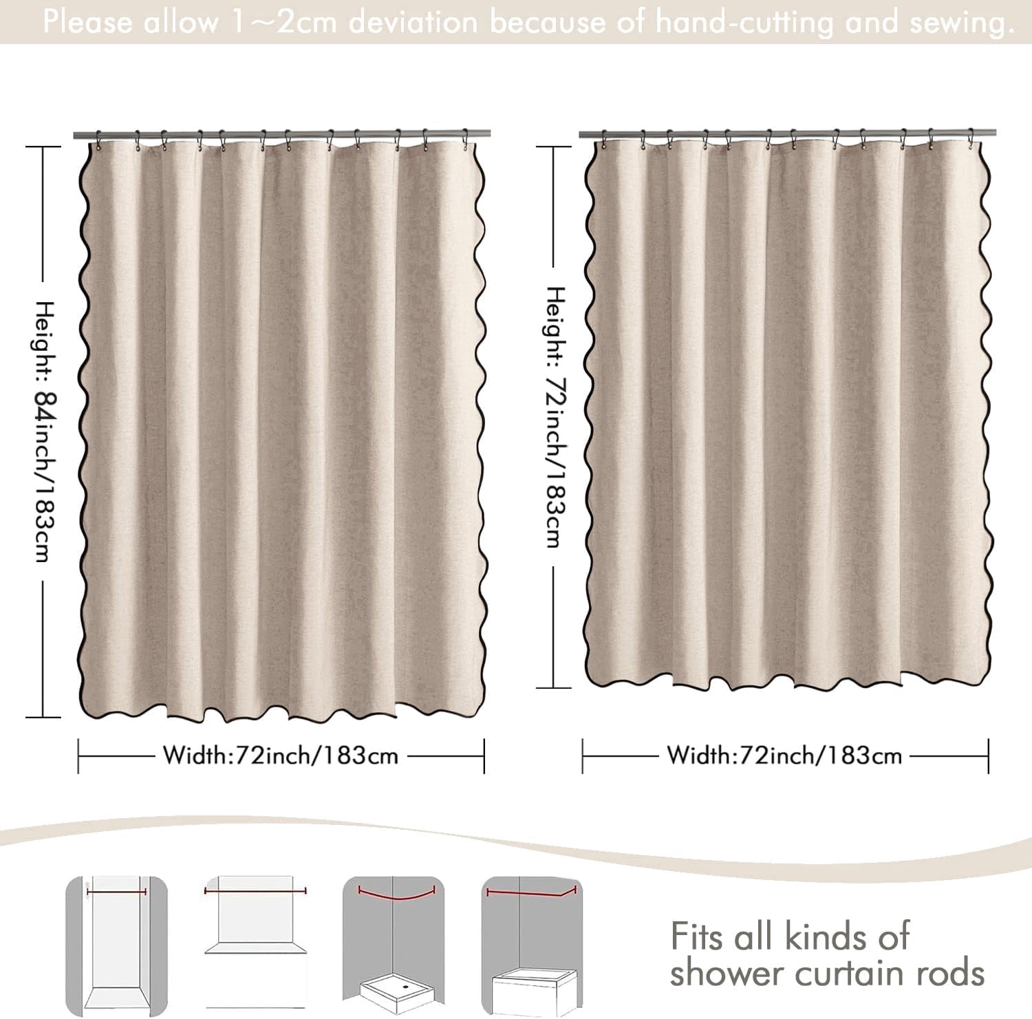 Scalloped Shower Curtain Linen Textured with 12 Metal Hooks Cute Heavy Duty Washable Waterproof Thick Cloth Shower Curtains with Black Border for Bathroom Hotel Bathtub,W72*L72 Beige