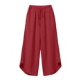 thumbnail image 6 of Capris Pants for Women Casual Women's Summer Wide Leg Linen Capris Drawstring Elastic Waist Loose Fitting Breathable Asymmetrical Hem Cropped Trousers Red XL, 6 of 6